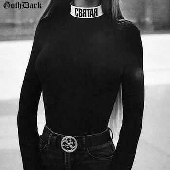 Goth Tamsiai Long Sleeve Black Moterų Bodysuits Laiškas Spausdinti Liesas Bodycon 2020 Mados Punk Grunge Bodysuit Streetwear Moterų Slim