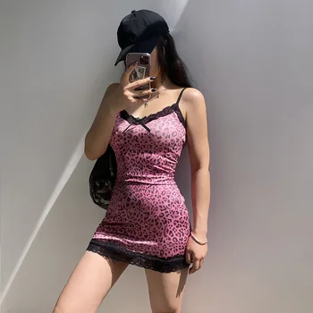 Goth Tamsiai Pastelinių Gotikos Estetika-Line Mini Suknelės E-Girl Harajuku Nėrinių Apdaila Moterų Bodycon Partywear Seksualus Leopard Print Suknelė