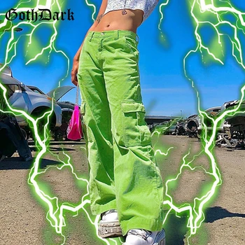 Goth Tamsiai Y2k Harajuku Stilius Žalia Corduory Kelnes E-mergina Plačiai Kojų Kišenės Su Aukšto Liemens Kelnės Prarasti Streetwear Moterims