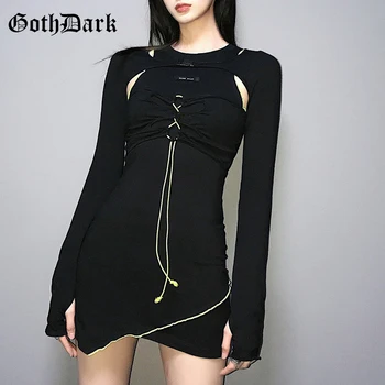 Goth Tamsiai Y2k Stiliaus Techwear Juodos Suknelės Gotikos Nėrinių Sagtis Priekyje Mini Suknelė Ilgomis Rankovėmis Aukštos Juosmens-Line Moterims Dėvėti Rudenį