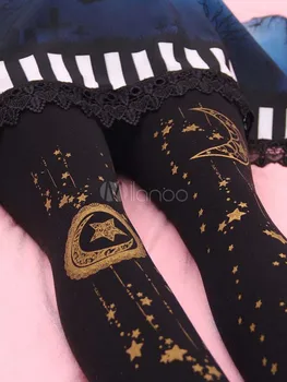 Gothic Black Lolita Pėdkelnės mėnulis ir žvaigždės spausdinti šlaunies aukščio 100D Aksomo mados japonijos Saldus Lolita Pėdkelnės