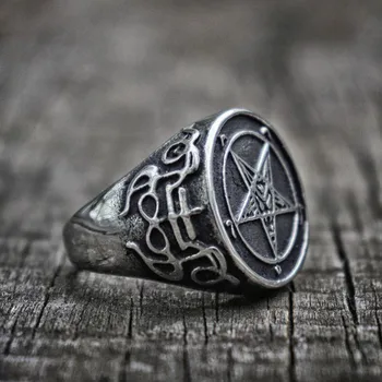 Gotikos Paslaptingi Šėtono Bažnyčia Pentagram Rune Sigil Nerūdijančio Plieno Žiedas Ragana Šėtono Liuciferio Kryžiaus Žiedai, Papuošalai Baphomet