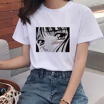 Graudus Mergina, Moteris, T-shirt Estetinės korėjos Stiliaus Grafikos Harajuku marškinėliai Tee Black Manga Anime Baltos spalvos moteriški marškinėliai Drabužių