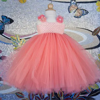 Gražus Persikų, Gėlių mergaičių suknelės Vestuves Coral Flower Girl Persikų Tutu Suknelė Merginos Gimtadienis Apranga Baby Girl Drabužiai