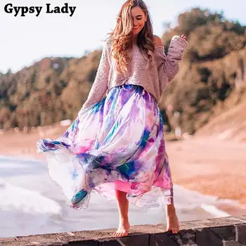 GypsyLady Violetinė Gėlių Sijonai Moterų Elastinga Juosmens Atostogų Maxi Sijonas Didelis Hem Plius Dydžio Prabangus Sijonas Moterų Prašmatnus Faldas