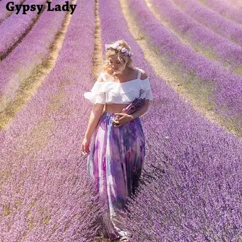GypsyLady Violetinė Gėlių Sijonai Moterų Elastinga Juosmens Atostogų Maxi Sijonas Didelis Hem Plius Dydžio Prabangus Sijonas Moterų Prašmatnus Faldas