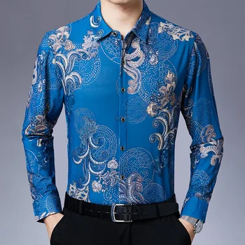 Gėlių Atspausdintas Mens Marškinėliai Turkis Baroko Ilgomis Rankovėmis Marškinėliai Vyras Siuvinėjimo Žalia Mens Drabužiai, Marškinėliai Atsitiktinis Šalis Suknelė