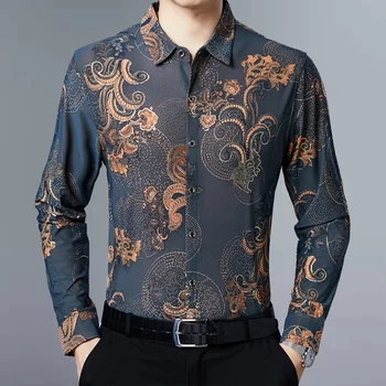 Gėlių Atspausdintas Mens Marškinėliai Turkis Baroko Ilgomis Rankovėmis Marškinėliai Vyras Siuvinėjimo Žalia Mens Drabužiai, Marškinėliai Atsitiktinis Šalis Suknelė