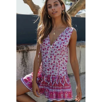 Gėlių Atspausdintas Seksuali Mini Suknelė Be Rankovių Pynimas Hem V-Kaklo Derliaus Vestidos Vasaros Paplūdimio Boho Drabužius 2019 Trumpos Suknelės