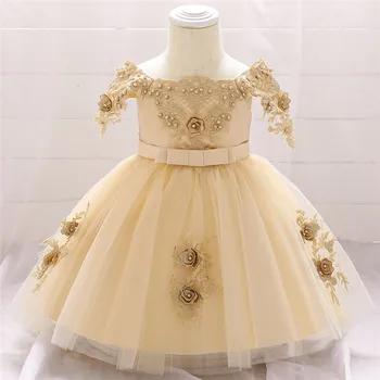 Gėlių Kūdikių, Mergaičių, Kūdikių Dress Karoliukai Shoulderless Baby Girl Vestuvių Suknelė Vaikai Šalis Vestidos Kūdikių Princesė 1 Metų Gimtadienis