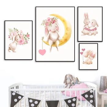 Gėlių Mėnulis Cute Bunny Porą Šiaurės Plakatai Ir Spausdina Sienos Meno Tapybos Drobės Animacinių Filmų Sienos Nuotraukas Kūdikių Vaikai Kambario Dekoro