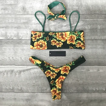 Gėlių spausdinti Aukštos sumažinti Thong bikini 2020 m. moteris Bandeau maudymosi kostiumėlį Moterų maudymosi Kostiumėliai, dviejų dalių, bikini rinkinys Sexy Bather Maudymosi Kostiumas