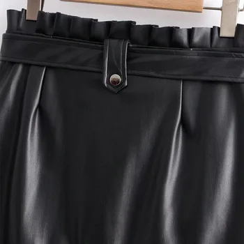Harajuku Black PU Seksualus Klostuotas Mini su Diržo Elegantiškos moters Sijonas Saldus Vasaros Visų rungtynių Maišelį Klubo Dirbtiniais Odos Moteriška Sijonas
