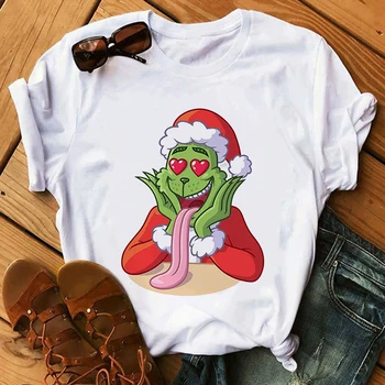 Harajuku Estetinės Juokinga Plius Dydžio Marškinėlius trumpomis Rankovėmis Tee Balta Moterų Tee Kalėdų Grinch Grafinis Spausdinti Moterys T-shirt