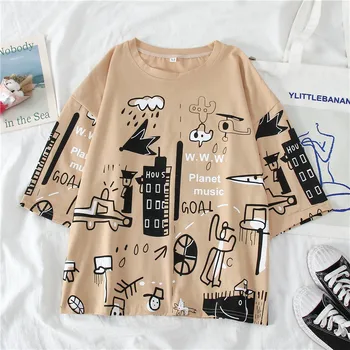 Harajuku Medvilnės atsitiktinis laisvi marškinėliai Vasarą Moterys trumpomis Rankovėmis juokinga Atspausdinta marškinėliai korėjos ulzzang Tees Viršūnes Moterų streetwear