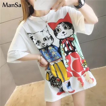 Harajuku Moterų Didelio dydžio Marškinėliai Japonų animaciją kačių spausdinimo Laisvi Marškinėliai trumpomis Rankovėmis Tees baltos Viršūnės hip-hop Streetwear