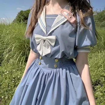 Harajuku Sailor Apykaklės Navy Suknelė Japanese Lolita Saldus Lankas-mazgas Mergina retro Medvilnės Kawaii Preppy Stiliaus Suknelė ilgomis Rankovėmis