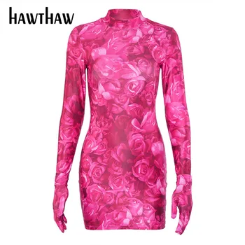 HAWTHAW moterys pavasarį, rudenį long sleeve pink rose gėlių spausdinti liesas bodycon šalies klubas mini packge klubo trumpą suknelę drabužiai