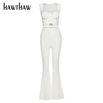 Hawthaw Moterų Mados Rudens-Žiemos Tankų Pločio Kojų Aukšto Juosmens Ilgas Kelnes Dviejų Dalių Rinkiniai 2020 M. Rudenį Drabužių Streetwear Kostiumas
