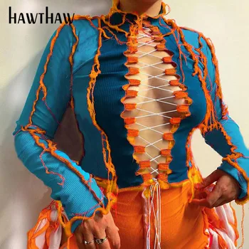 Hawthaw Moterų Rudens Drabužiai Ilgomis Rankovėmis Tuščiaviduriai Iš Sexy Kratinys Spalvos Bloką Mados Marškinėliai Liesas Viršūnes Tees 2020 Slim Rudenį