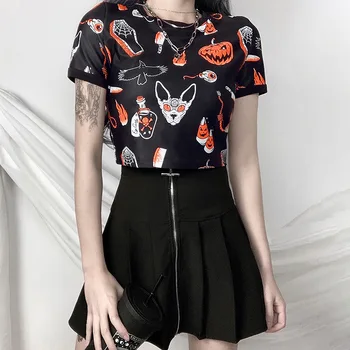 Helovinas Modelis Moliūgų Spausdinti Aukštos Juosmens Apkarpytos Trumpi marškinėliai Topai Moterų, Mergaičių Vasaros Punk, Gothic Apvalios Kaklo T Shirts Tees