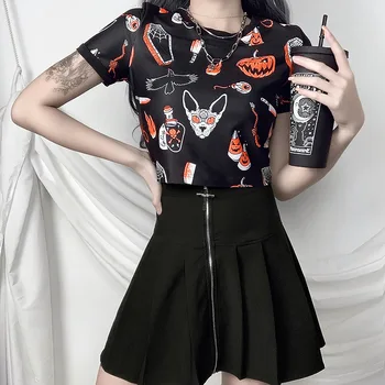 Helovinas Modelis Moliūgų Spausdinti Aukštos Juosmens Apkarpytos Trumpi marškinėliai Topai Moterų, Mergaičių Vasaros Punk, Gothic Apvalios Kaklo T Shirts Tees