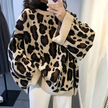 Heydress 2019 Leopard Džemperis Moterims, O Kaklo, Ilgomis Rankovėmis Puloveriai Derliaus Prarasti Viršūnes Korėjos Naujas Mados Streetwear Traukti Femme