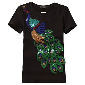 Hiawatha Vasaros Moterų Drabužių Povas Modelis China Siuvinėjimas, Marškinėliai Medvilnės Trumpomis Rankovėmis Moteriška T Shirts A022