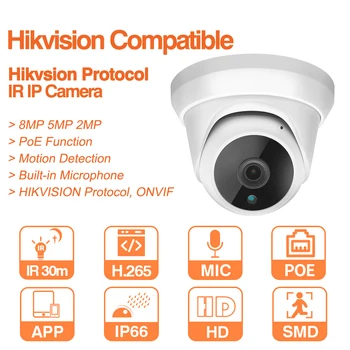 Hikvision Suderinama POE IP Camera 5MP Dome Namų Saugumo VAIZDO Kamera Ultra 8MP HD Paslėptas IR ONVIF H. 265 P2P Saugumo IPC