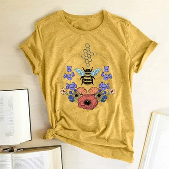 Hillbilly Naują Atvykimo Bičių Rūšies Gėlių Spausdinti marškinėliai Vasaros Grafinis Medvilnės Retro Stiliaus Tees Trumpas Rankovės Camisetas Verano Mujer
