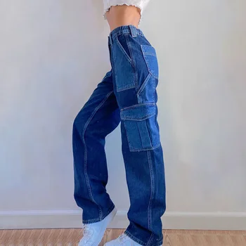 Hip-Hop Baggy Jeans Derliaus Elastinga Aukštos Juosmens Kratinys Moterų Nelaimę Džinsai Pantalon Femme 2020 Estetinės Didelis Pocket Džinsai