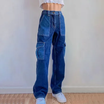 Hip-Hop Baggy Jeans Derliaus Elastinga Aukštos Juosmens Kratinys Moterų Nelaimę Džinsai Pantalon Femme 2020 Estetinės Didelis Pocket Džinsai