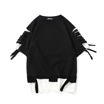 Hip-Hop Juostelės T marškiniai Vyrams, Moterims 2019 M. Vasarą Japonų Stiliaus Skylė T-shirts Streetwear Pora Viršūnių Tees Vyrų Juoda WJ253