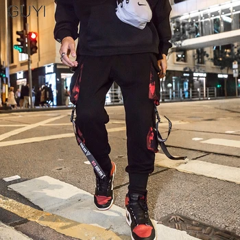 Hip-Hop Poilsiu Krovinių Kelnės Vyrams Taktinis Kišenių Kelnės Vyriškos Kelnės Mados Sportas Kelio Streetwear Laišką Juostelės Atsitiktinis