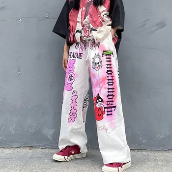 Hip-Hop Streetwear Moterų Kelnės Anime Spausdinti Pločio Kojų Kelnės Moterims Estetinės Baggy Pants 