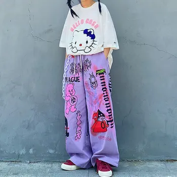 Hip-Hop Streetwear Moterų Kelnės Anime Spausdinti Pločio Kojų Kelnės Moterims Estetinės Baggy Pants 