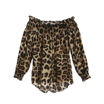 Hirigin Moterų Leopardas Spausdinti Ilgomis Rankovėmis Velniop Kaklo Išjungti Peties Atsitiktinis Slim Marškinėliai T-Shirt Viršūnės