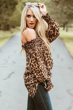 Hirigin Moterų Leopardas Spausdinti Ilgomis Rankovėmis Velniop Kaklo Išjungti Peties Atsitiktinis Slim Marškinėliai T-Shirt Viršūnės