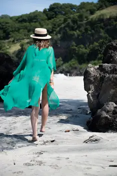 Hirigin Paplūdimio Suknelė 2019 M. Vasarą Pure Color Long Sleeve Moterų Bikini Padengti Iki Paplūdimio Ilga Suknelė Kaftan Paplūdimio Maudymosi Kostiumėliai