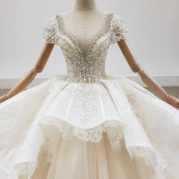HTL1937 Elegantiškas, Ekstravagantiškas China Kristalų Vestuvių Suknelė 2020 Giliai V-Kaklo, Trumpas Sluoksniuotos Rankovėmis Nėriniai Atgal