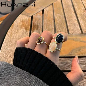 HUANZHI 2020 Naujas 3Pcs/set korėjos Minimalistinė Geometrinių Spalvinga Dervos Derliaus Ovalo Reguliuojami Metaliniai Žiedai Moterų, Mergaičių Papuošalai