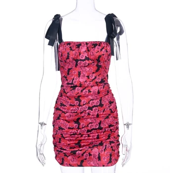Hugcitar 2020 gėlių spausdinti rankovių mielas mini suknelė pavasarį moterys streetwear ruched kratinys kalėdų vakarėlį komplektai