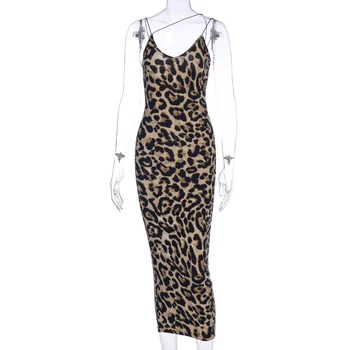 Hugcitar 2020 leopardas spausdinti rankovių V-kaklo, seksualus midi suknelė 