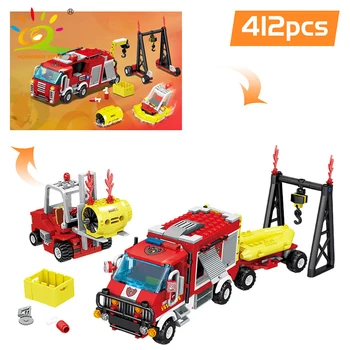HUIQIBAO 412pcs Priešgaisrinės Gelbėjimo Truck, Šakiniai Blokai Miesto Statybos gaisrininkas modelis Plytų Švietimo Žaislai Vaikams