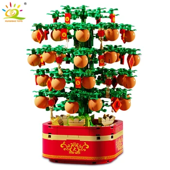 HUIQIBAO 666Pcs Kinijos Tradicijos Apelsinų Medis Besisukantis Muzikos Blokai Naujųjų Metų Palaima Plytų Nustatyti, Žaislai Vaikams