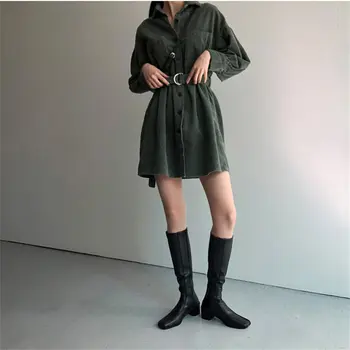 HziriP Retro Žalia Kietas Velvetas Tirštėti 2020 Korėjos Plius Dydis Varčias, Stilingas Prašmatnus Office Lady Streetwear Didelis Juosmens Suknelės