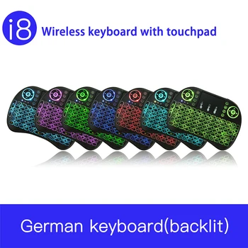I8 vokiečių Deutsch 2.4 G Air Fly Mouse 7 Spalvų Apšvietimu Mini Belaidė Klaviatūra Nešiojamą Touchpad RemoteControl Kalbėjimo Projektorius