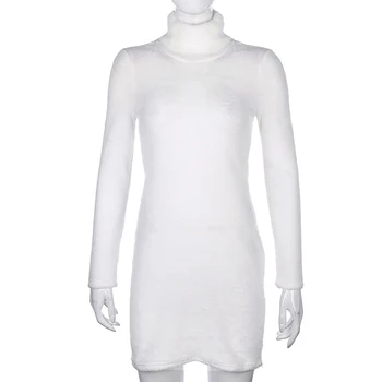 IAMHOTTY Dirbtiniais Kailiais Golfo Balta Žiema Moterų Suknelė Bodycon ilgomis Rankovėmis, Šiltas Minkštas Vestidos Shaggy Mados Elegantiška, Trumpa Suknelė