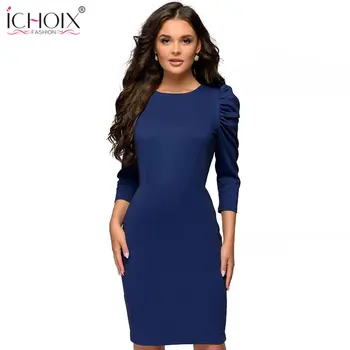 ICHOIX pavasario sluoksniuotos rankovėmis bodycon mėlyna suknelė 2019 elegantiškas plonas biure moterų suknelė vakare šalies midi rudens žiemos dress