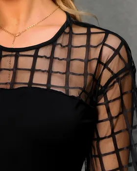 Ilgai Žibintų Rankovėmis Palaidinė moteriška 2019 Naujas prigludusi prie kūno marškinėliai seksuali Pledas perspektyvos akių marškinėliai Seksuali moteris vasarą juoda